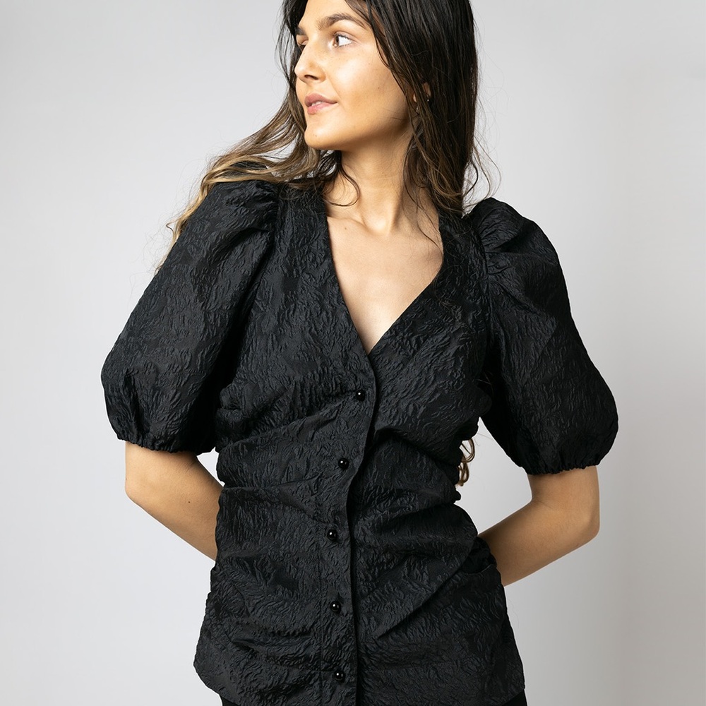 GANNI Jacquard Puff Sleeve Black Top